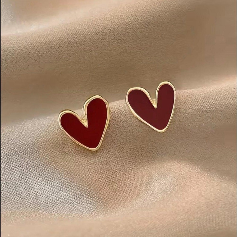 Adorable Red Heart Stud Earrings with Gold Trim